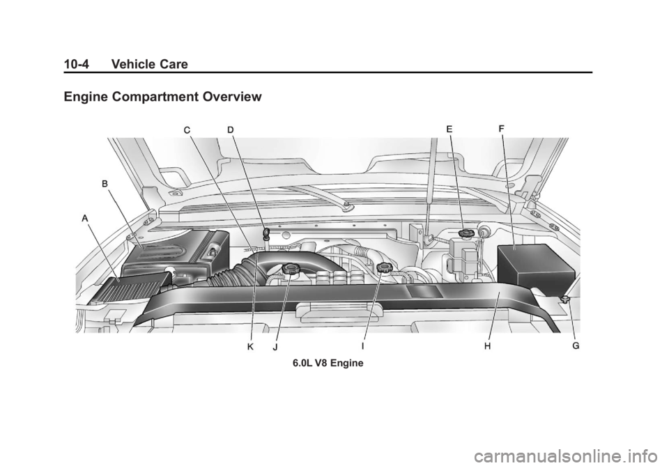 CADILLAC ESCALADE HYBRID 2012 Service Manual Black plate (4,1)Cadillac Escalade Hybrid - 2012
10-4 Vehicle Care
Engine Compartment Overview
6.0L V8 Engine 