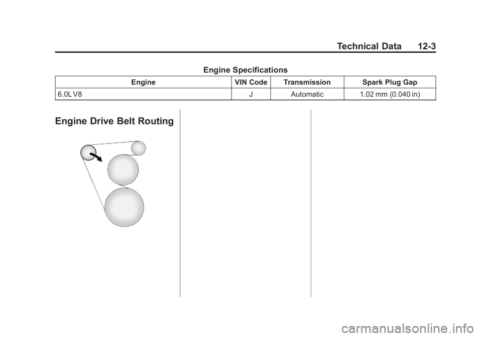 CADILLAC ESCALADE HYBRID 2011 Owners Manual Black plate (3,1)Cadillac Escalade Hybrid - 2011
Technical Data 12-3Engine SpecificationsEngine VIN Code Transmission Spark Plug Gap
6.0L V8 J Automatic 1.02 mm (0.040 in)
Engine Drive Belt Routing CADILLAC ESCALADE HYBRID 2011 Owners Manual Black plate (3,1)Cadillac Escalade Hybrid - 2011
Technical Data 12-3Engine SpecificationsEngine VIN Code Transmission Spark Plug Gap
6.0L V8 J Automatic 1.02 mm (0.040 in)
Engine Drive Belt Routing