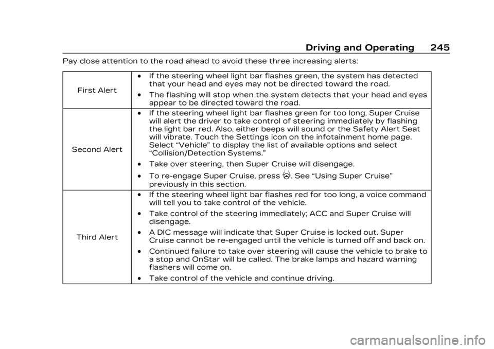 CADILLAC LYRIC 2023 Owners Manual Cadillac Lyriq Owner Manual (GMNA-Localizing-U.S./Canada-15644413) -
2023 - CRC - 2/23/22
Driving and Operating 245
Pay close attention to the road ahead to avoid these three increasing alerts:First A CADILLAC LYRIC 2023 Owners Manual Cadillac Lyriq Owner Manual (GMNA-Localizing-U.S./Canada-15644413) -
2023 - CRC - 2/23/22
Driving and Operating 245
Pay close attention to the road ahead to avoid these three increasing alerts:First A