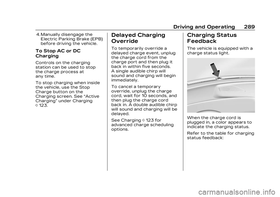 CADILLAC LYRIC 2023 Owners Manual Cadillac Lyriq Owner Manual (GMNA-Localizing-U.S./Canada-15644413) -
2023 - CRC - 2/23/22
Driving and Operating 289
4. Manually disengage theElectric Parking Brake (EPB)
before driving the vehicle.
To CADILLAC LYRIC 2023 Owners Manual Cadillac Lyriq Owner Manual (GMNA-Localizing-U.S./Canada-15644413) -
2023 - CRC - 2/23/22
Driving and Operating 289
4. Manually disengage theElectric Parking Brake (EPB)
before driving the vehicle.
To