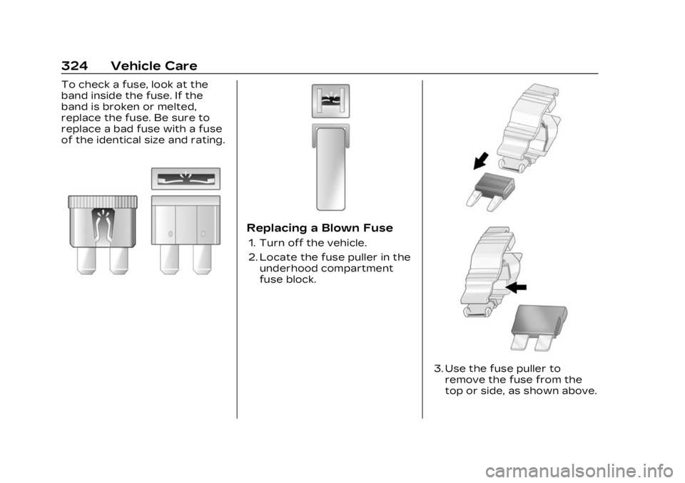 CADILLAC LYRIC 2023 Owners Manual Cadillac Lyriq Owner Manual (GMNA-Localizing-U.S./Canada-15644413) -
2023 - CRC - 2/23/22
324 Vehicle Care
To check a fuse, look at the
band inside the fuse. If the
band is broken or melted,
replace t CADILLAC LYRIC 2023 Owners Manual Cadillac Lyriq Owner Manual (GMNA-Localizing-U.S./Canada-15644413) -
2023 - CRC - 2/23/22
324 Vehicle Care
To check a fuse, look at the
band inside the fuse. If the
band is broken or melted,
replace t