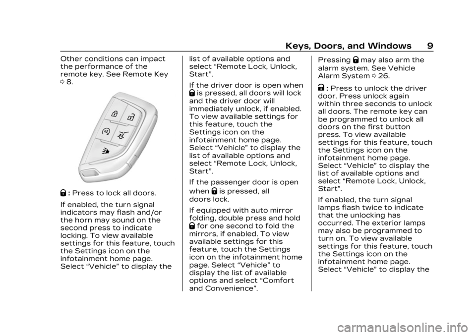 CADILLAC LYRIC 2023  Owners Manual Cadillac Lyriq Owner Manual (GMNA-Localizing-U.S./Canada-15644413) -
2023 - CRC - 2/23/22
Keys, Doors, and Windows 9
Other conditions can impact
the performance of the
remote key. See Remote Key
08.
Q