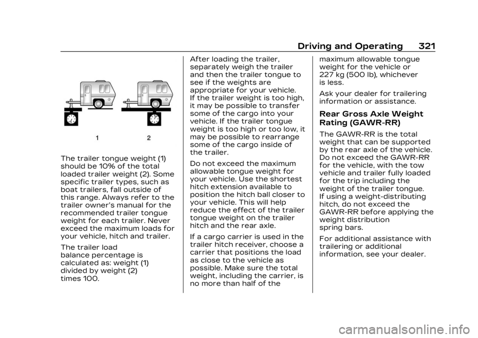 CADILLAC XT4 2023 Owners Manual Cadillac XT4 Owner Manual (GMNA-Localizing-U.S./Canada/Mexico-
16412876) - 2023 - CRC - 3/25/22
Driving and Operating 321
The trailer tongue weight (1)
should be 10% of the total
loaded trailer weight CADILLAC XT4 2023 Owners Manual Cadillac XT4 Owner Manual (GMNA-Localizing-U.S./Canada/Mexico-
16412876) - 2023 - CRC - 3/25/22
Driving and Operating 321
The trailer tongue weight (1)
should be 10% of the total
loaded trailer weight