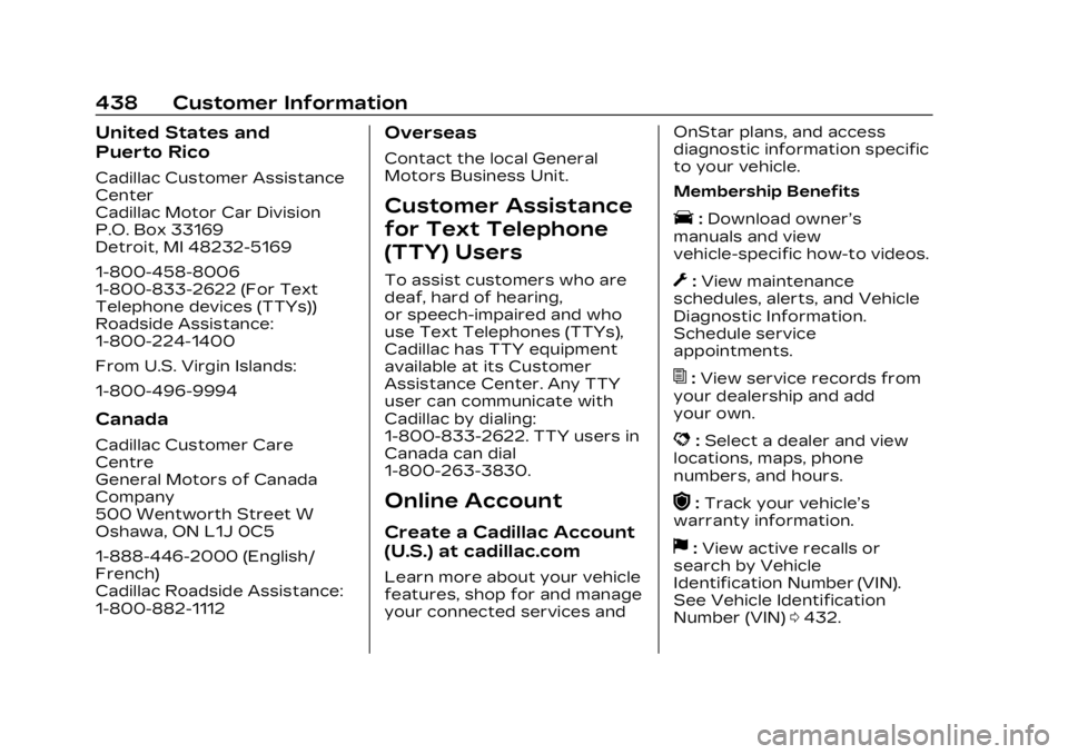 CADILLAC XT4 2023 User Guide Cadillac XT4 Owner Manual (GMNA-Localizing-U.S./Canada/Mexico-
16412876) - 2023 - CRC - 3/25/22
438 Customer Information
United States and
Puerto Rico
Cadillac Customer Assistance
Center
Cadillac Moto CADILLAC XT4 2023 User Guide Cadillac XT4 Owner Manual (GMNA-Localizing-U.S./Canada/Mexico-
16412876) - 2023 - CRC - 3/25/22
438 Customer Information
United States and
Puerto Rico
Cadillac Customer Assistance
Center
Cadillac Moto