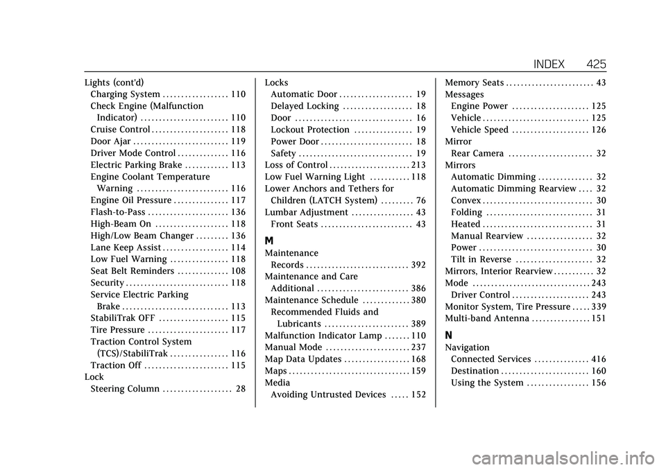 CADILLAC XT5 2022 Owners Manual Cadillac XT5 Owner Manual (GMNA-Localizing-U.S./Canada/Mexico-
15227431) - 2022 - CRC - 8/11/21
INDEX 425
Lights (cont'd)Charging System . . . . . . . . . . . . . . . . . . 110
Check Engine (Malfu CADILLAC XT5 2022 Owners Manual Cadillac XT5 Owner Manual (GMNA-Localizing-U.S./Canada/Mexico-
15227431) - 2022 - CRC - 8/11/21
INDEX 425
Lights (cont'd)Charging System . . . . . . . . . . . . . . . . . . 110
Check Engine (Malfu