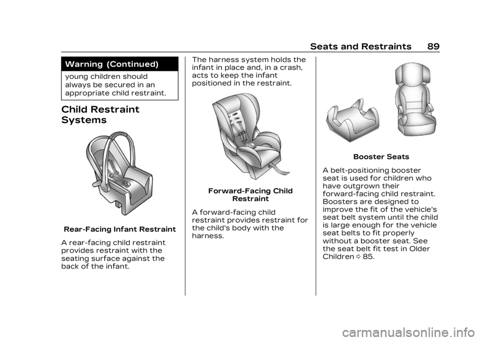 CADILLAC XT6 2023 Manual Online Cadillac XT6 Owner Manual (GMNA-Localizing-U.S./Canada-16405819) -
2023 - CRC - 3/22/22
Seats and Restraints 89
Warning (Continued)
young children should
always be secured in an
appropriate child rest CADILLAC XT6 2023 Manual Online Cadillac XT6 Owner Manual (GMNA-Localizing-U.S./Canada-16405819) -
2023 - CRC - 3/22/22
Seats and Restraints 89
Warning (Continued)
young children should
always be secured in an
appropriate child rest