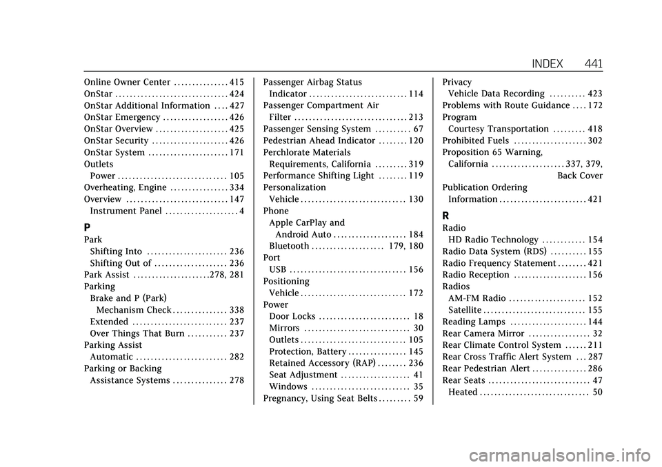 CADILLAC XT6 2022 Owners Manual Cadillac XT6 Owner Manual (GMNA-Localizing-U.S./Canada-15218998) -
2022 - CRC - 10/22/21
INDEX 441
Online Owner Center . . . . . . . . . . . . . . . 415
OnStar . . . . . . . . . . . . . . . . . . . . CADILLAC XT6 2022 Owners Manual Cadillac XT6 Owner Manual (GMNA-Localizing-U.S./Canada-15218998) -
2022 - CRC - 10/22/21
INDEX 441
Online Owner Center . . . . . . . . . . . . . . . 415
OnStar . . . . . . . . . . . . . . . . . . . .