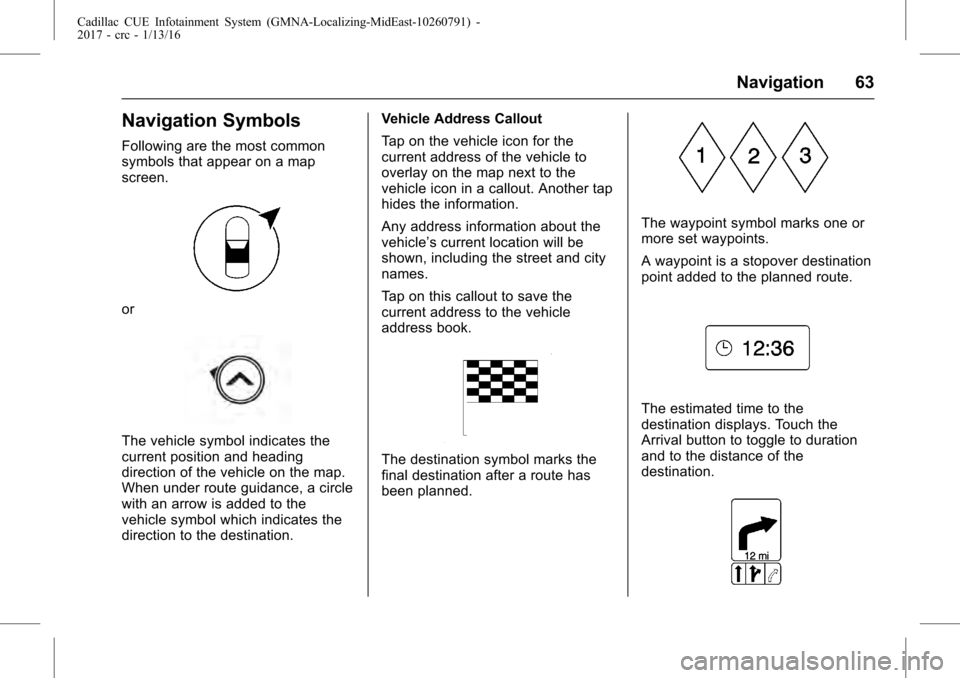 CADILLAC ATS 2017 1.G CUE Manual Cadillac CUE Infotainment System (GMNA-Localizing-MidEast-10260791) -
2017 - crc - 1/13/16
Navigation 63
Navigation Symbols
Following are the most common
symbols that appear on a map
screen.
or
The ve