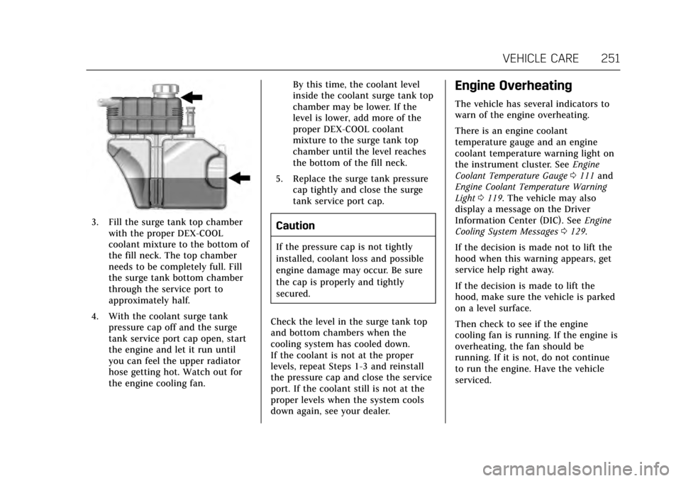 CADILLAC ATS 2017 1.G User Guide Cadillac ATS/ATS-V Owner Manual (GMNA-Localizing-MidEast-10287885) -
2017 - crc - 6/16/16
VEHICLE CARE 251
3. Fill the surge tank top chamberwith the proper DEX-COOL
coolant mixture to the bottom of
t