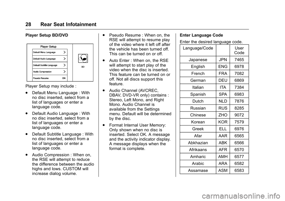 CADILLAC ATS 2016 1.G CUE Manual Cadillac CUE Infotainment System (GMNA-Localizing-MidEast-9369286) -
2016 - crc - 5/14/15
28 Rear Seat Infotainment
Player Setup BD/DVD
Player Setup may include :
.Default Menu Language : With
no disc