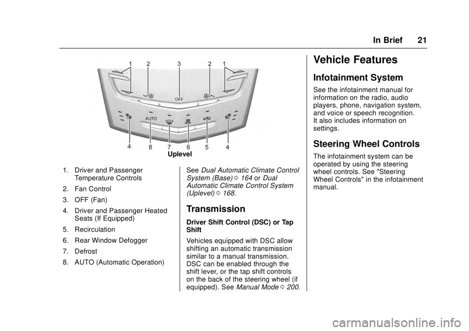 CADILLAC ATS 2016 1.G Owners Manual Cadillac ATS/ATS-V Owner Manual (GMNA-Localizing-MidEast-9369639) -
2016 - crc - 12/9/15
In Brief 21
Uplevel
1. Driver and Passenger Temperature Controls
2. Fan Control
3. OFF (Fan)
4. Driver and Pass