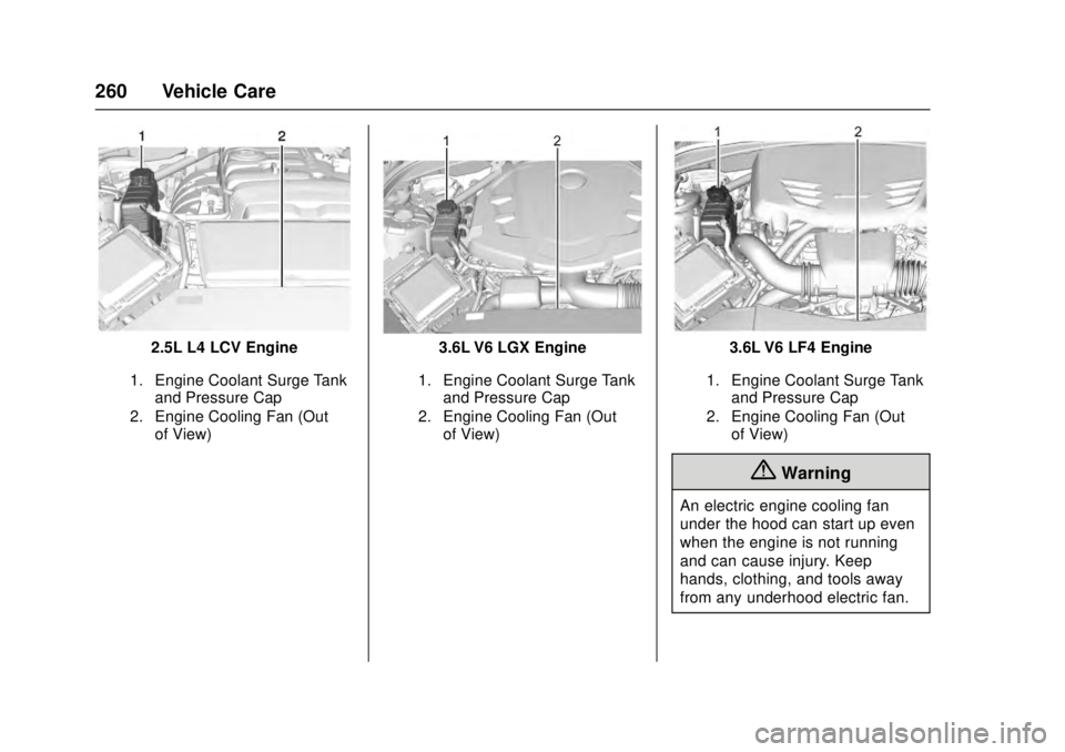 CADILLAC ATS 2016 1.G User Guide Cadillac ATS/ATS-V Owner Manual (GMNA-Localizing-MidEast-9369639) -
2016 - crc - 12/9/15
260 Vehicle Care
2.5L L4 LCV Engine
1. Engine Coolant Surge Tankand Pressure Cap
2. Engine Cooling Fan (Out of 