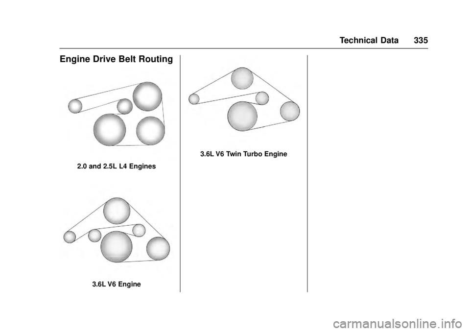 CADILLAC ATS 2016 1.G Service Manual Cadillac ATS/ATS-V Owner Manual (GMNA-Localizing-MidEast-9369639) -
2016 - crc - 12/9/15
Technical Data 335
Engine Drive Belt Routing
2.0 and 2.5L L4 Engines
3.6L V6 Engine
3.6L V6 Twin Turbo Engine 