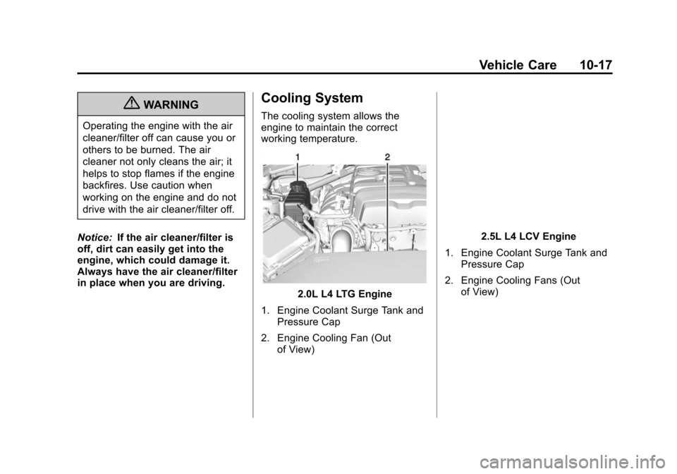 CADILLAC ATS 2013 1.G Owners Manual Black plate (17,1)Cadillac ATS Owner Manual - 2013 - CRC - 10/5/12
Vehicle Care 10-17
{WARNING
Operating the engine with the air
cleaner/filter off can cause you or
others to be burned. The air
cleane
