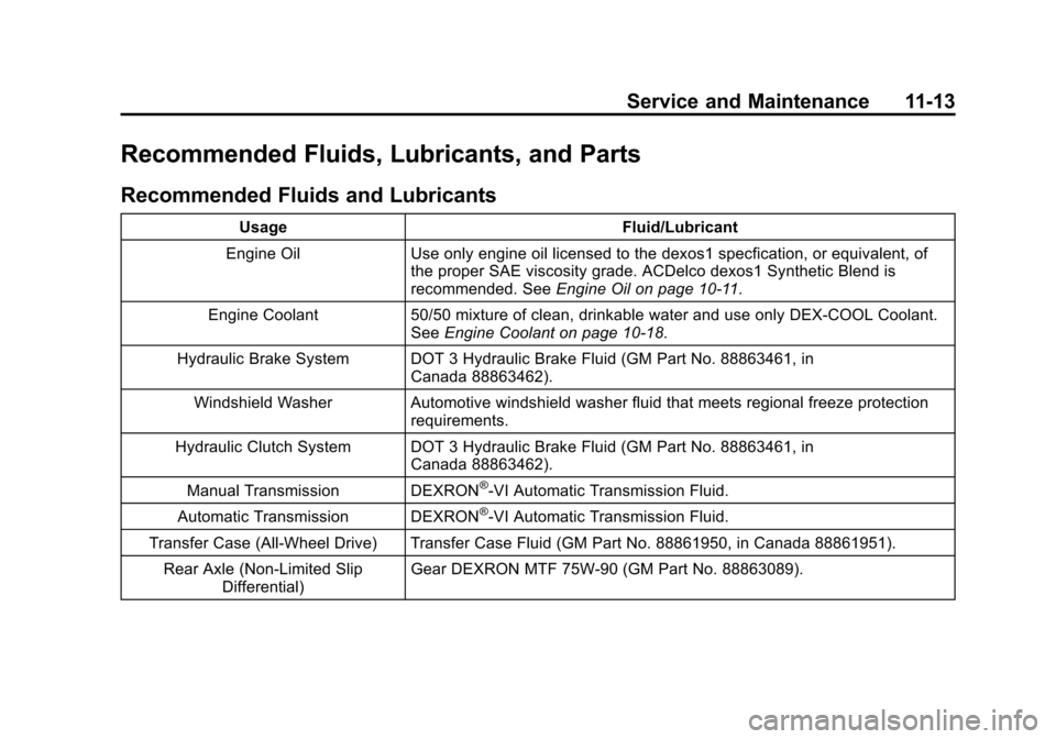 CADILLAC ATS 2013 1.G Owners Manual Black plate (13,1)Cadillac ATS Owner Manual - 2013 - CRC - 10/5/12
Service and Maintenance 11-13
Recommended Fluids, Lubricants, and Parts
Recommended Fluids and Lubricants
UsageFluid/Lubricant
Engine