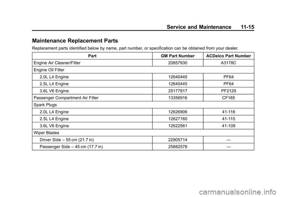 CADILLAC ATS 2013 1.G Owners Manual Black plate (15,1)Cadillac ATS Owner Manual - 2013 - CRC - 10/5/12
Service and Maintenance 11-15
Maintenance Replacement Parts
Replacement parts identified below by name, part number, or specification