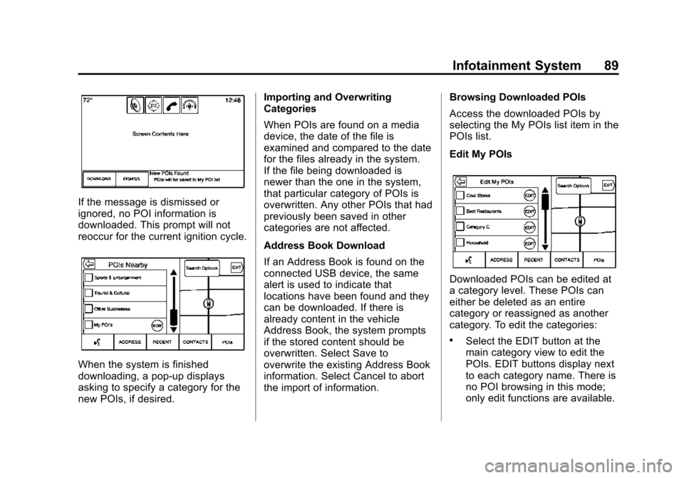 CADILLAC ATS 2015 1.G CUE Manual Black plate (89,1)Cadillac CUE Infotainment System (GMNA-Localizing-U.S./Canada-
7639728) - 2015 - CRC - 9/3/14
Infotainment System 89
If the message is dismissed or
ignored, no POI information is
dow