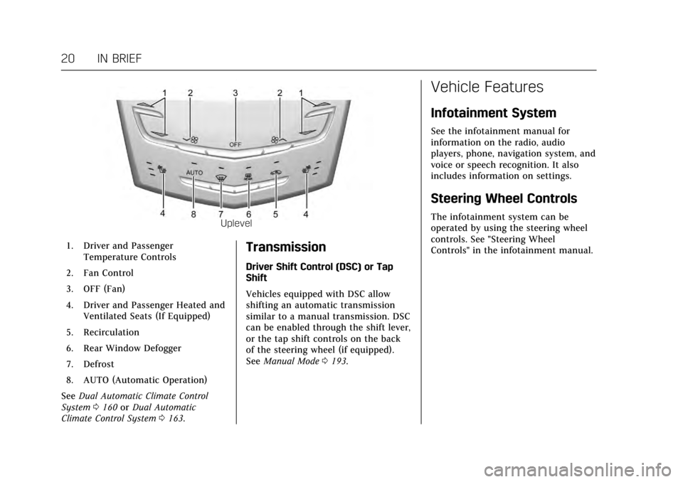 CADILLAC ATS COUPE 2017 1.G Owners Manual Cadillac ATS/ATS-V Owner Manual (GMNA-Localizing-MidEast-10287885) -
2017 - crc - 6/16/16
20 IN BRIEF
Uplevel
1. Driver and Passenger Temperature Controls
2. Fan Control
3. OFF (Fan)
4. Driver and Pas