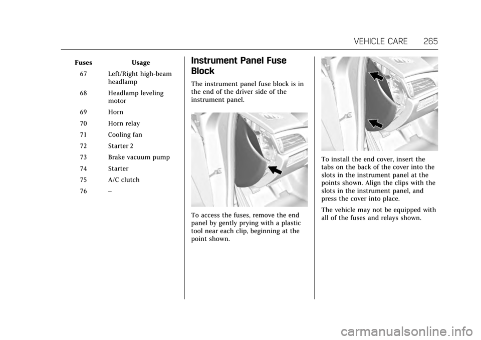 CADILLAC ATS COUPE 2017 1.G User Guide Cadillac ATS/ATS-V Owner Manual (GMNA-Localizing-MidEast-10287885) -
2017 - crc - 6/16/16
VEHICLE CARE 265
FusesUsage
67 Left/Right high-beam headlamp
68 Headlamp leveling motor
69 Horn
70 Horn relay
