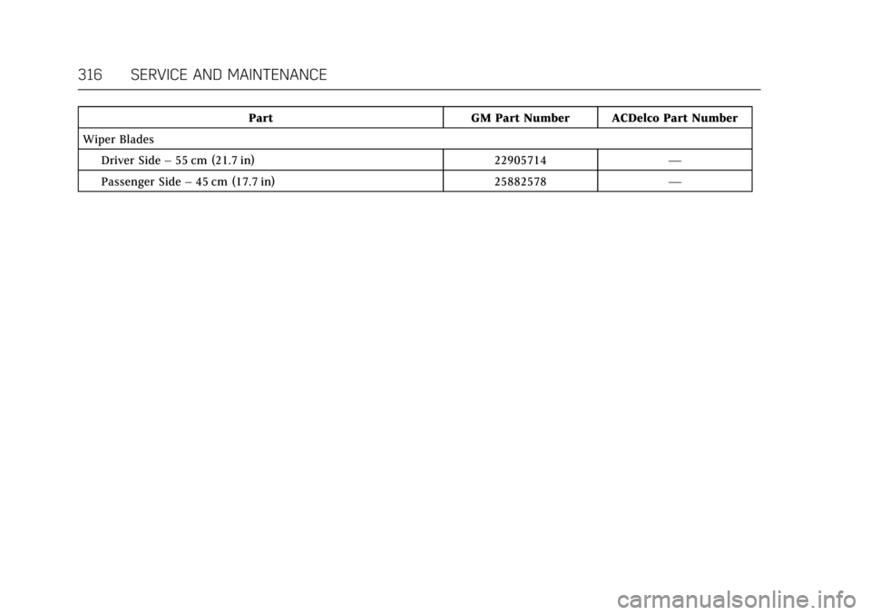 CADILLAC ATS COUPE 2017 1.G Owners Manual Cadillac ATS/ATS-V Owner Manual (GMNA-Localizing-MidEast-10287885) -
2017 - crc - 6/16/16
316 SERVICE AND MAINTENANCE
PartGM Part Number ACDelco Part Number
Wiper Blades Driver Side –55 cm (21.7 in)