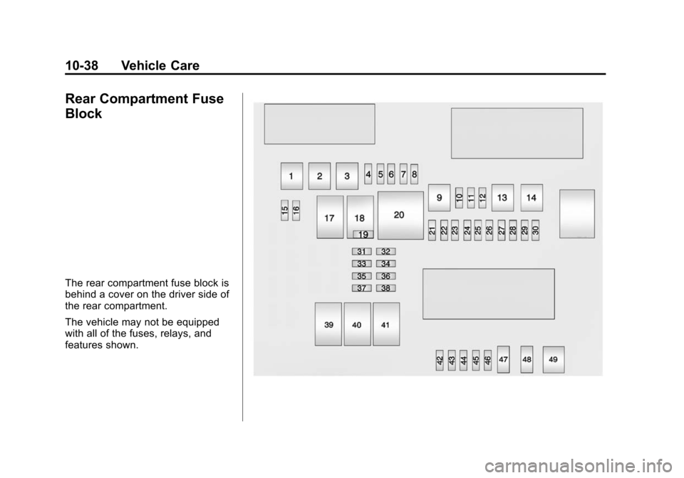CADILLAC ATS COUPE 2015 1.G Owners Manual Black plate (38,1)Cadillac ATS Owner Manual (GMNA-Localizing-U.S./Canada/Mexico-
7707477) - 2015 - crc - 9/15/14
10-38 Vehicle Care
Rear Compartment Fuse
Block
The rear compartment fuse block is
behin
