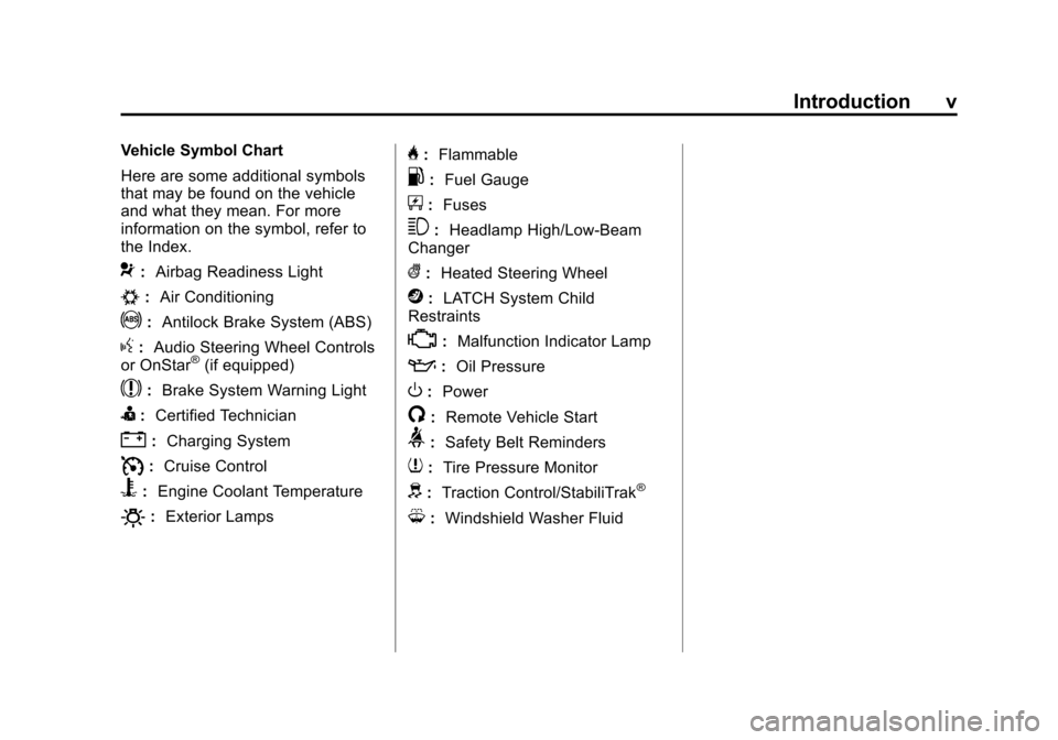 CADILLAC ATS COUPE 2015 1.G Owners Manual Black plate (5,1)Cadillac ATS Owner Manual (GMNA-Localizing-U.S./Canada/Mexico-
7707477) - 2015 - crc - 9/15/14
Introduction v
Vehicle Symbol Chart
Here are some additional symbols
that may be found o