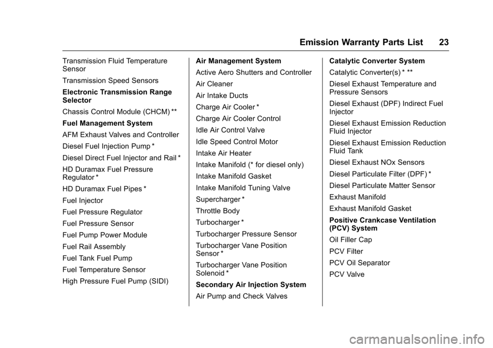 CADILLAC CT6 2017 1.G Warranty Guide Cadillac Limited Warranty and Owner Assistance Information (GMNA-
Localizing-U.S.-9659150) - 2017 - CRC - 5/24/16
Emission Warranty Parts List 23
Transmission Fluid Temperature
Sensor
Transmission Spe
