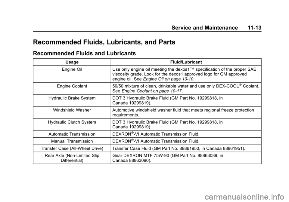 CADILLAC ATS SEDAN 2015 1.G Owners Manual Black plate (13,1)Cadillac ATS Owner Manual (GMNA-Localizing-U.S./Canada/Mexico-
7707477) - 2015 - crc - 9/15/14
Service and Maintenance 11-13
Recommended Fluids, Lubricants, and Parts
Recommended Flu