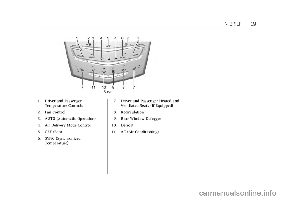 CADILLAC ATS V 2017 1.G User Guide Cadillac ATS/ATS-V Owner Manual (GMNA-Localizing-MidEast-10287885) -
2017 - crc - 6/16/16
IN BRIEF 19
Base
1. Driver and Passenger Temperature Controls
2. Fan Control
3. AUTO (Automatic Operation)
4. CADILLAC ATS V 2017 1.G User Guide Cadillac ATS/ATS-V Owner Manual (GMNA-Localizing-MidEast-10287885) -
2017 - crc - 6/16/16
IN BRIEF 19
Base
1. Driver and Passenger Temperature Controls
2. Fan Control
3. AUTO (Automatic Operation)
4.