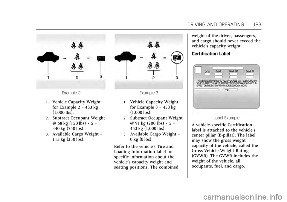 CADILLAC ATS V COUPE 2017 1.G Owners Manual Cadillac ATS/ATS-V Owner Manual (GMNA-Localizing-MidEast-10287885) -
2017 - crc - 6/16/16
DRIVING AND OPERATING 183
Example 2
1.Vehicle Capacity Weight
for Example 2 = 453 kg
(1,000 lbs).
2.Subtract O