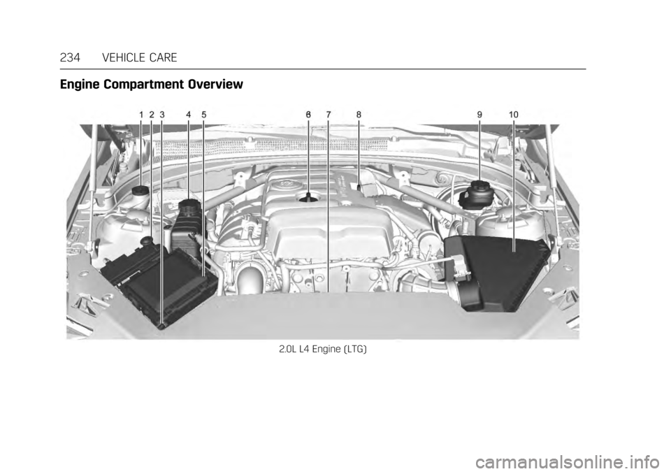 CADILLAC ATS V COUPE 2017 1.G Repair Manual Cadillac ATS/ATS-V Owner Manual (GMNA-Localizing-MidEast-10287885) -
2017 - crc - 6/16/16
234 VEHICLE CARE
Engine Compartment Overview
2.0L L4 Engine (LTG) CADILLAC ATS V COUPE 2017 1.G Repair Manual Cadillac ATS/ATS-V Owner Manual (GMNA-Localizing-MidEast-10287885) -
2017 - crc - 6/16/16
234 VEHICLE CARE
Engine Compartment Overview
2.0L L4 Engine (LTG)