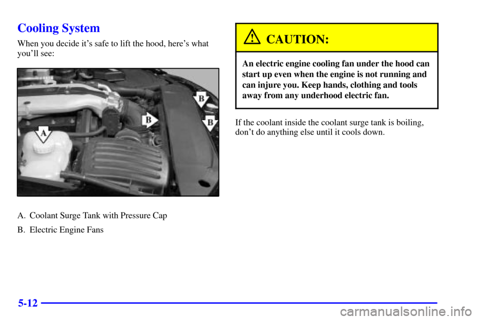CADILLAC CATERA 2000 1.G Owners Manual 5-12
Cooling System
When you decide its safe to lift the hood, heres what
youll see:
A. Coolant Surge Tank with Pressure Cap
B. Electric Engine Fans
CAUTION:
An electric engine cooling fan under th