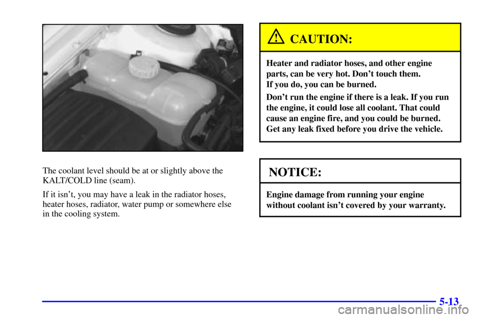 CADILLAC CATERA 2000 1.G Owners Manual 5-13
The coolant level should be at or slightly above the
KALT/COLD line (seam).
If it isnt, you may have a leak in the radiator hoses,
heater hoses, radiator, water pump or somewhere else 
in the co