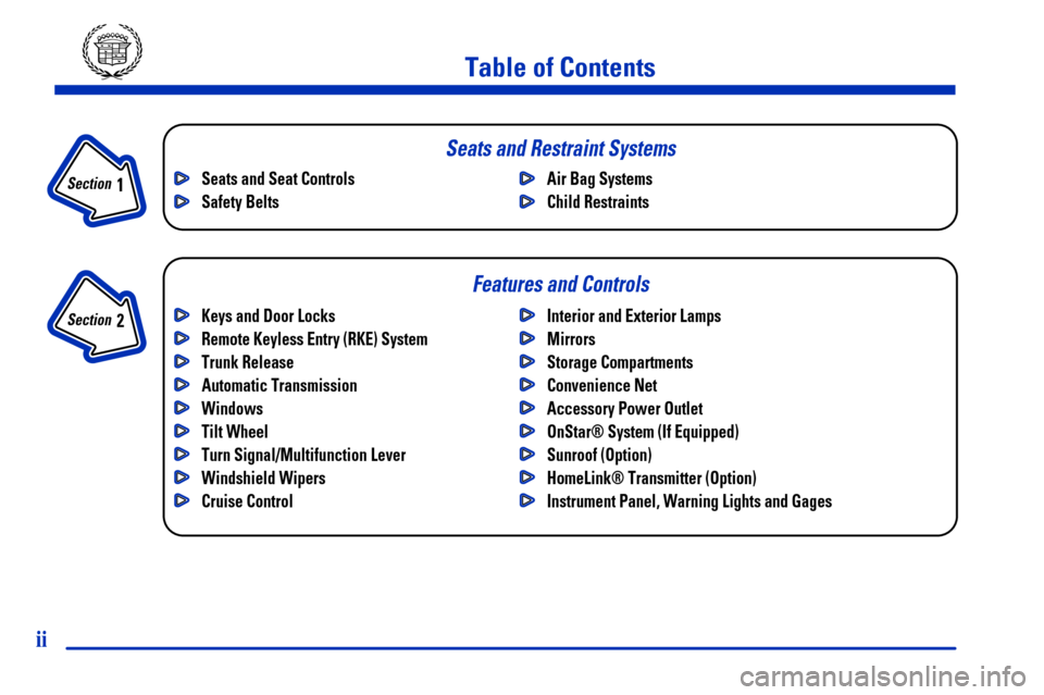CADILLAC CATERA 2000 1.G Owners Manual ii
Table of Contents
Keys and Door Locks
Remote Keyless Entry (RKE) System
Trunk Release
Automatic Transmission
Windows
Tilt Wheel
Turn Signal/Multifunction Lever
Windshield Wipers
Cruise ControlInter