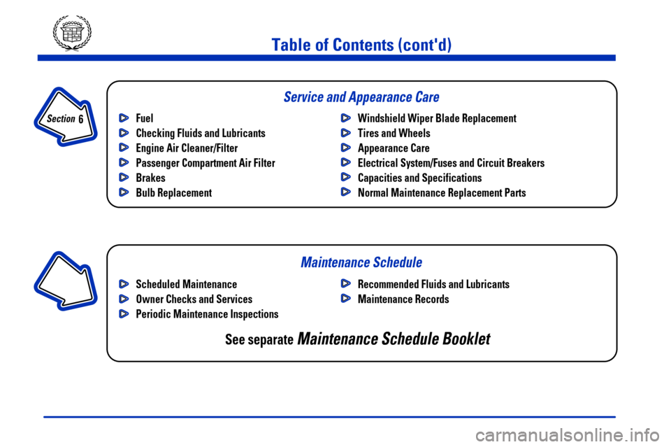 CADILLAC CATERA 2000 1.G Owners Manual Fuel
Checking Fluids and Lubricants
Engine Air Cleaner/Filter
Passenger Compartment Air Filter
Brakes
Bulb ReplacementWindshield Wiper Blade Replacement
Tires and Wheels
Appearance Care
Electrical Sys