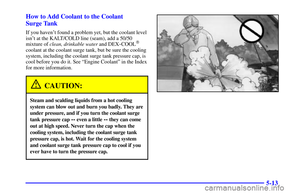 CADILLAC CATERA 2001 1.G Owners Manual 5-13 How to Add Coolant to the Coolant 
Surge Tank
If you havent found a problem yet, but the coolant level
isnt at the KALT/COLD line (seam), add a 50/50
mixture of clean, drinkable water and DEX
-