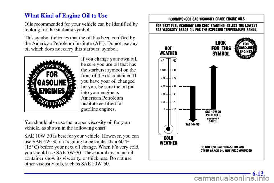 CADILLAC CATERA 2001 1.G Owners Manual 6-13 What Kind of Engine Oil to Use
Oils recommended for your vehicle can be identified by
looking for the starburst symbol.
This symbol indicates that the oil has been certified by
the American Petro