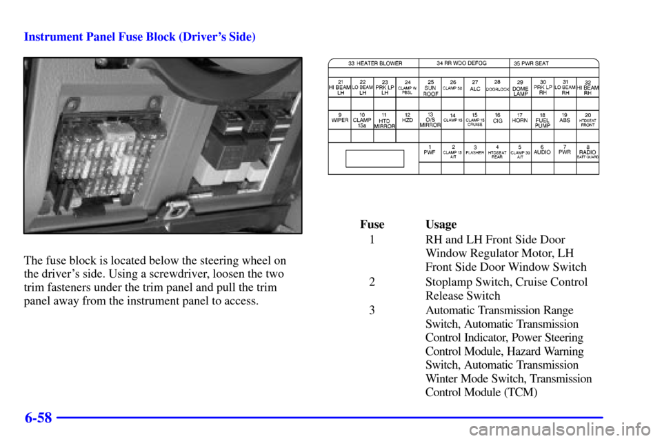 CADILLAC CATERA 2001 1.G Owners Manual 6-58
Instrument Panel Fuse Block (Drivers Side)
The fuse block is located below the steering wheel on
the drivers side. Using a screwdriver, loosen the two
trim fasteners under the trim panel and pu CADILLAC CATERA 2001 1.G Owners Manual 6-58
Instrument Panel Fuse Block (Drivers Side)
The fuse block is located below the steering wheel on
the drivers side. Using a screwdriver, loosen the two
trim fasteners under the trim panel and pu