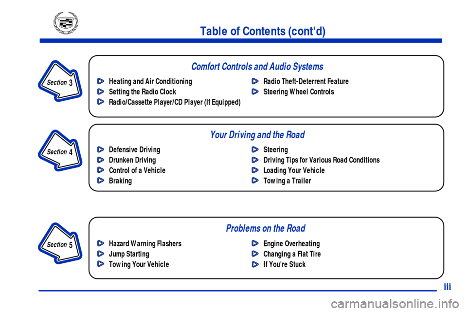 CADILLAC CATERA 2001 1.G Owners Manual Section 
 3
Comfort Controls and Audio Systems
Section 
 4
Your Driving and the Road
Section 
 5
Table of Contents (contd)
Defensive Driving
Drunken Driving
Control of a Vehicle
BrakingSteering
Drivi