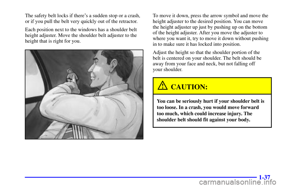 CADILLAC CATERA 2001 1.G Service Manual 1-37
The safety belt locks if theres a sudden stop or a crash,
or if you pull the belt very quickly out of the retractor.
Each position next to the windows has a shoulder belt
height adjuster. Move t