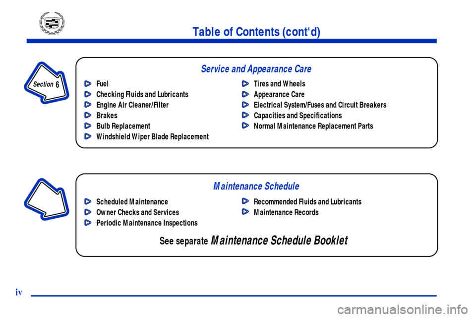 CADILLAC CATERA 2001 1.G Owners Manual Fuel
Checking Fluids and Lubricants
Engine Air Cleaner/Filter
Brakes
Bulb Replacement
Windshield Wiper Blade ReplacementTires and Wheels
Appearance Care
Electrical System/Fuses and Circuit Breakers
Ca