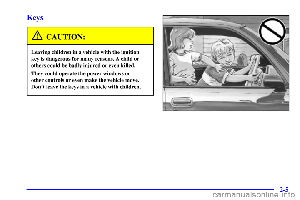 CADILLAC CATERA 2001 1.G Owners Manual 2-5
Keys
CAUTION:
Leaving children in a vehicle with the ignition
key is dangerous for many reasons. A child or
others could be badly injured or even killed.
They could operate the power windows or 
o