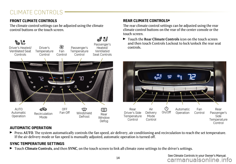 CADILLAC CT6 2018 1.G Personalization Guide 14
CLIMATE CONTROLS
FRONT CLIMATE CONTROLS
The climate control settings can be adjusted using the climate  
control buttons or the touch screen.
AUTOMATIC OPERATION
 Press AUTO. The system automatical