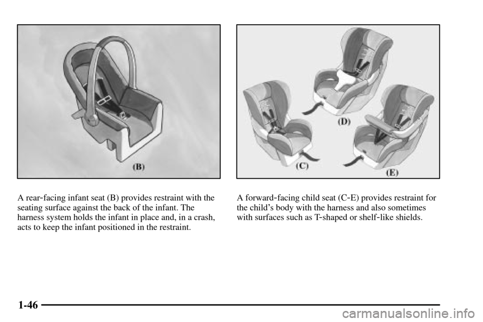 CADILLAC CTS 2003 1.G Workshop Manual 1-46
A rear-facing infant seat (B) provides restraint with the
seating surface against the back of the infant. The
harness system holds the infant in place and, in a crash,
acts to keep the infant pos