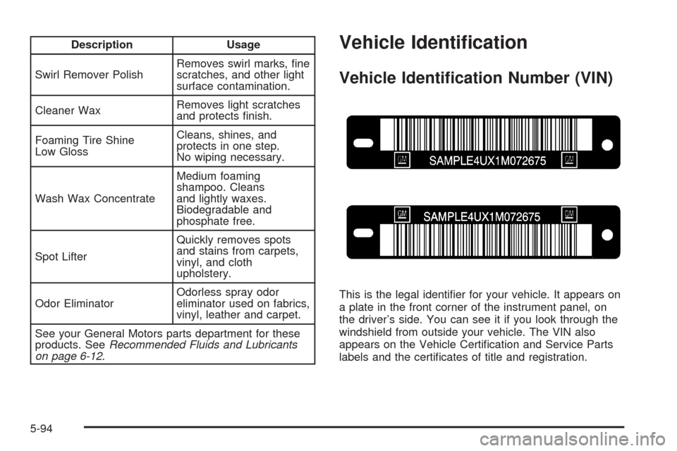 CADILLAC CTS 2005 1.G Owners Manual Description Usage
Swirl Remover PolishRemoves swirl marks, �ne
scratches, and other light
surface contamination.
Cleaner WaxRemoves light scratches
and protects �nish.
Foaming Tire Shine
Low GlossClea