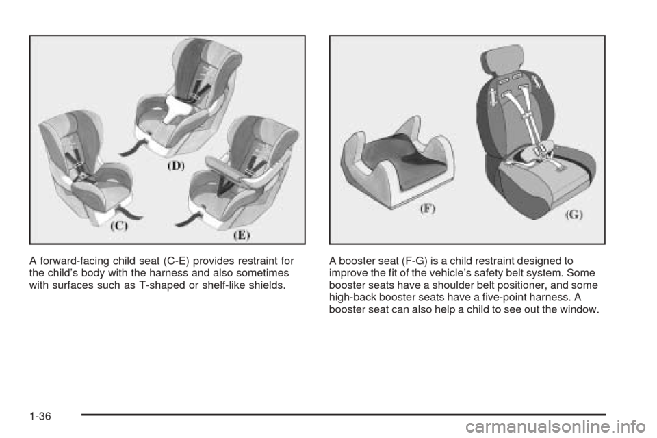 CADILLAC CTS 2005 1.G Service Manual A forward-facing child seat (C-E) provides restraint for
the child’s body with the harness and also sometimes
with surfaces such as T-shaped or shelf-like shields.A booster seat (F-G) is a child res