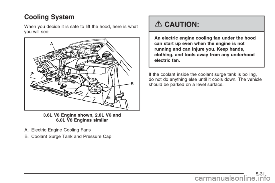 CADILLAC CTS 2006 1.G Owners Manual Cooling System
When you decide it is safe to lift the hood, here is what
you will see:
A. Electric Engine Cooling Fans
B. Coolant Surge Tank and Pressure Cap{CAUTION:
An electric engine cooling fan un