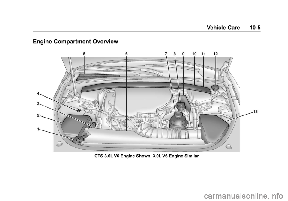 CADILLAC CTS 2013 2.G Owners Manual Black plate (5,1)Cadillac CTS/CTS-V Owner Manual - 2013 - crc2 - 8/22/12
Vehicle Care 10-5
Engine Compartment Overview
CTS 3.6L V6 Engine Shown, 3.0L V6 Engine Similar 