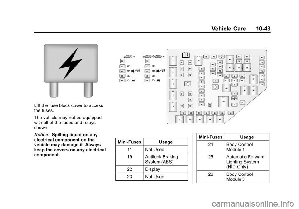 CADILLAC CTS 2013 2.G Owners Manual Black plate (43,1)Cadillac CTS/CTS-V Owner Manual - 2013 - crc2 - 8/22/12
Vehicle Care 10-43
Lift the fuse block cover to access
the fuses.
The vehicle may not be equipped
with all of the fuses and re