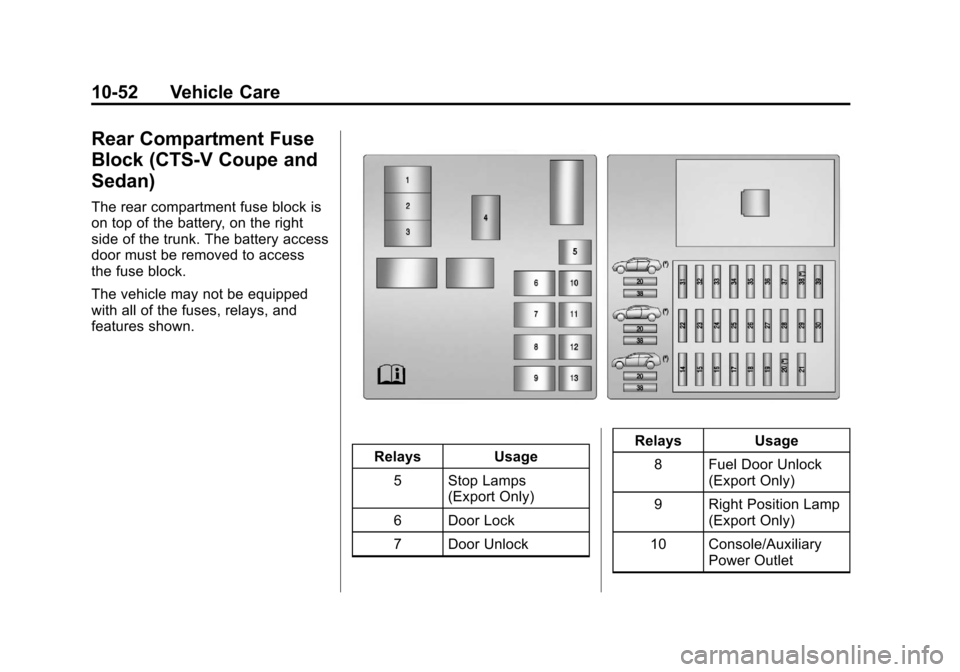 CADILLAC CTS 2013 2.G Owners Manual Black plate (52,1)Cadillac CTS/CTS-V Owner Manual - 2013 - crc2 - 8/22/12
10-52 Vehicle Care
Rear Compartment Fuse
Block (CTS-V Coupe and
Sedan)
The rear compartment fuse block is
on top of the batter CADILLAC CTS 2013 2.G Owners Manual Black plate (52,1)Cadillac CTS/CTS-V Owner Manual - 2013 - crc2 - 8/22/12
10-52 Vehicle Care
Rear Compartment Fuse
Block (CTS-V Coupe and
Sedan)
The rear compartment fuse block is
on top of the batter